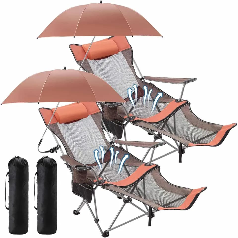 Yuntau 2 Set Reclining Beach Chairs with Umbrella & Footrest, Portable Adjustable Folding Mesh Lounge Chair with Shade Canopy Headrest & Storage Bag for Camping, Fishing, Outdoor, Patio(Orange)