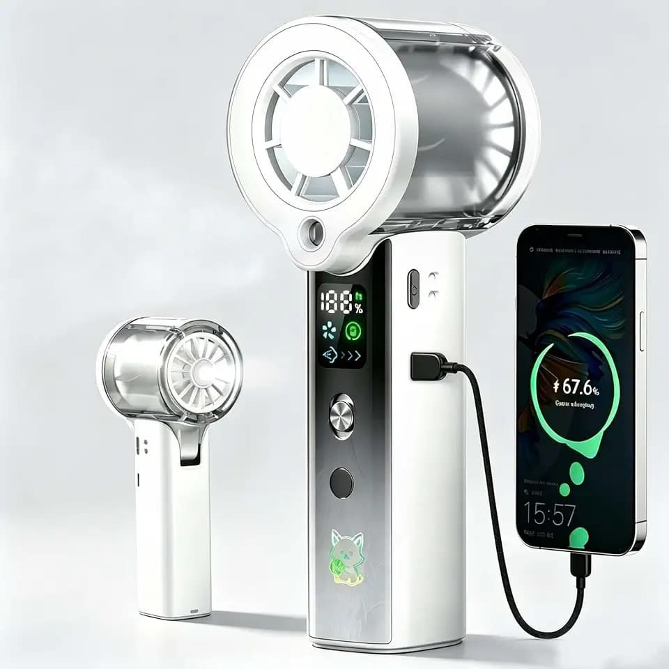 Portable Misting Handheld Fan,4‑in‑1 Spray Cooling Turbo Fan,5000mAh Rechargeable,Up to 30H Runtime,100‑Speed Wind,Flashlight SOS Mode,Compact Lightweight,Summer Gifts for Men Women, White
