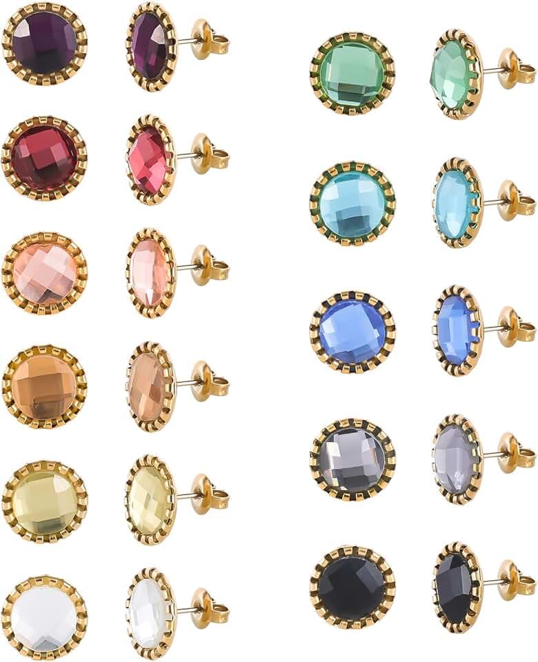 11 Pairs Crystal Rhinestone Stud Earrings Stainless Steel Multicolor Stud Earrings Set for Women