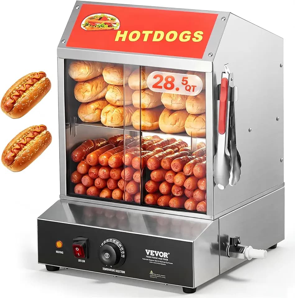 VEVOR Hot Dog Steamer, 28.5QT, 2-Tier Hot Dog Hut Steamer, 86℉~185℉ Temperature Control, Electric Bun Warmer with Tempered Glass Slide Doors Partition Plate Tong, Stainless Steel, for Hot Dogs & Buns