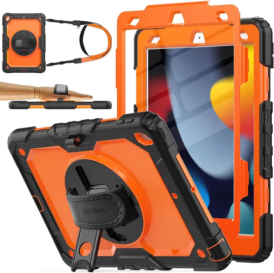 SEYMAC stock Case for iPad 9th/ 8th/ 7th Generation 10.2'', Shockproof with Screen Protector, Pencil Holder [360° Rotating Hand Strap] & Stand, for iPad 10.2 inch 2021-2019 (Brightorange)