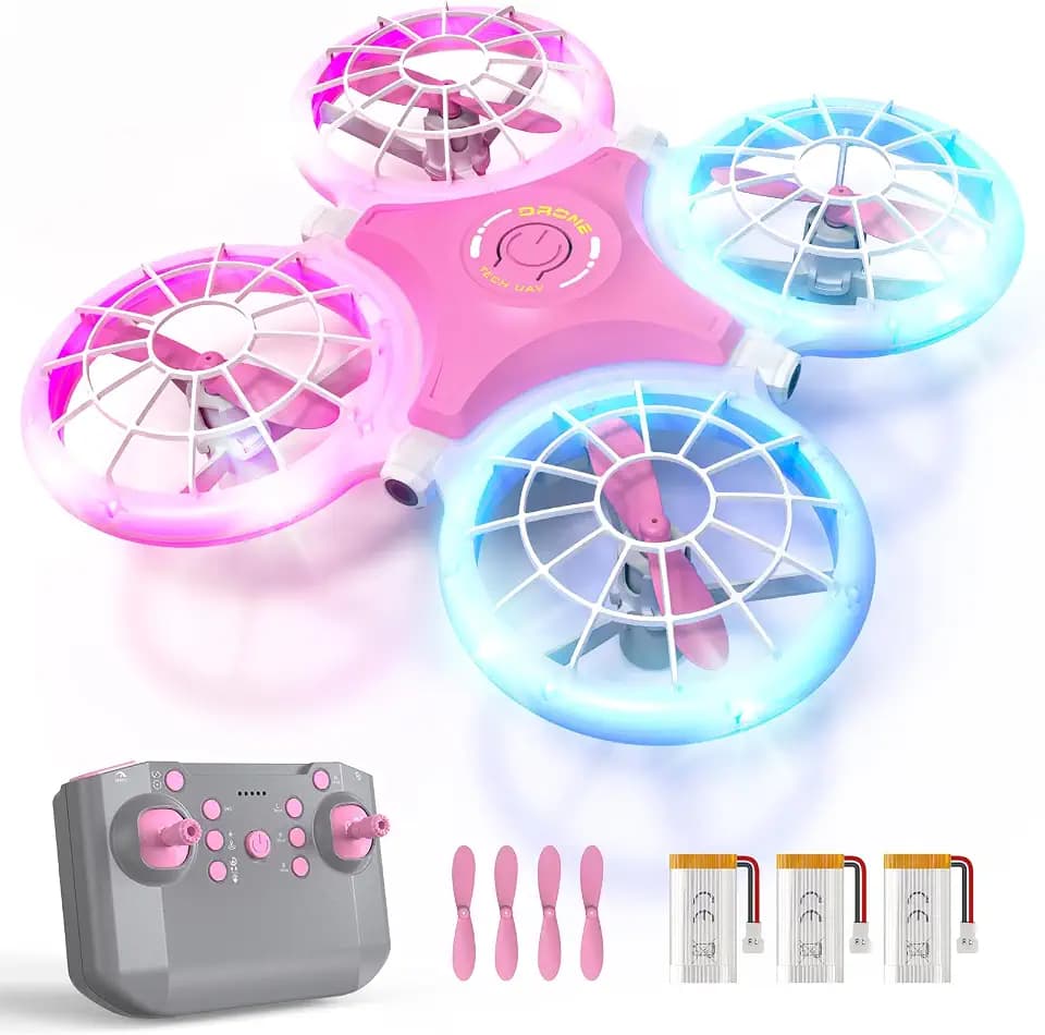 ShinePick Mini-Drohne für Kinder von 6 bis 10 Jahren mit LED-Lichteffekten, Spielzeug für Jungen und Mädchen, ferngesteuerte Drohne für Anfänger mit Hindernisvermeidungssensoren (Rosa-Blau-Mix)