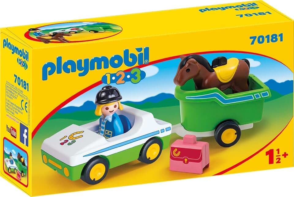 PLAYMOBIL 1.2.3 70181 PKW mit Pferdeanhänger, Anhänger zum Öffnen, ab 1,5 Jahren
