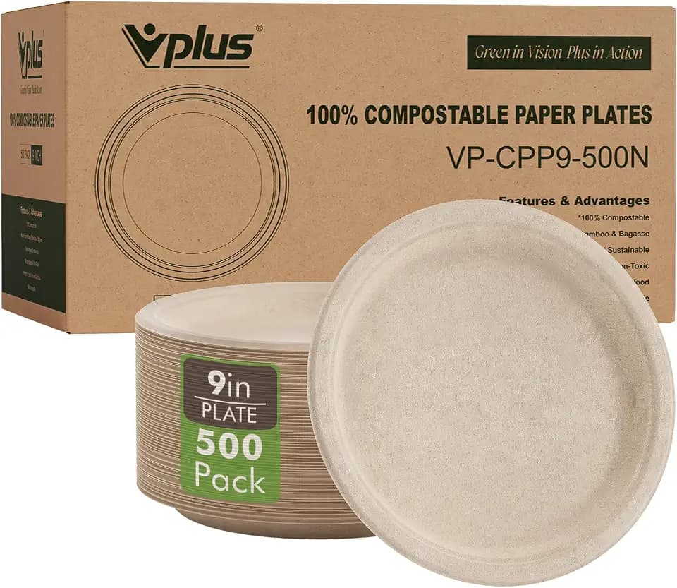 Vplus 500 Pack Compostable Bagasse Paper Plates 9 inch, Nature