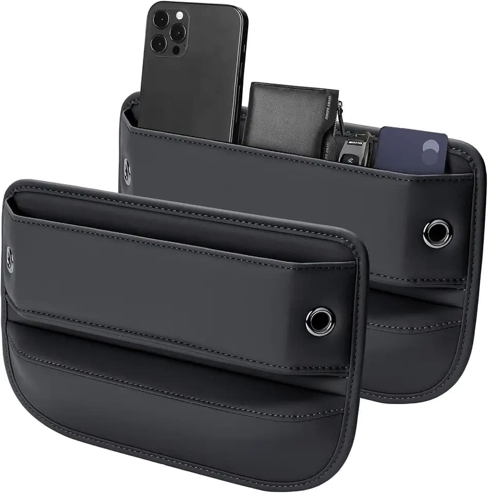 Premium Leather Car Seat Gap Filler Organizer (0.2”-1.2" Gaps), Clever Gifts for Car SUV Truck Owners (Black, 2 Pack)