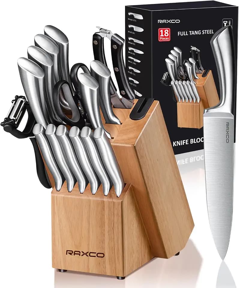 RAXCO Messerblock Set, 18-teiliges Edelstahl Küchenmesser Set - Steakmesser Set, Professionelle Küchenmesser Sets mit Block und Schärfer