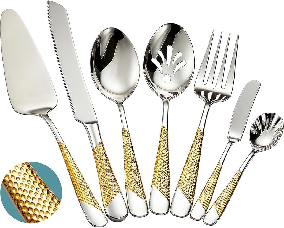 7-teiliges Gehämmertem Servierbesteck aus Edelstahl 18/10 - Goldenes Hostess-Besteckset mit Kuchenmesser und Tortenheber (Silber Gold)