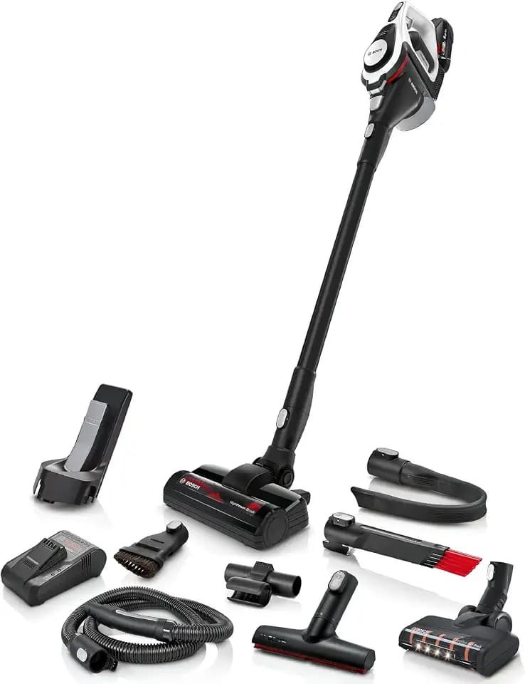 Bosch Akku-Staubsauger Unlimited Gen2 Serie 8 BSS825ALL, beutellos, bis 45 Min Laufzeit, austauschbarer Akku, Schnellladegerät, Hartboden-Softdüse mit LED, XXL-Polsterdüse, Fugendüse, weiß
