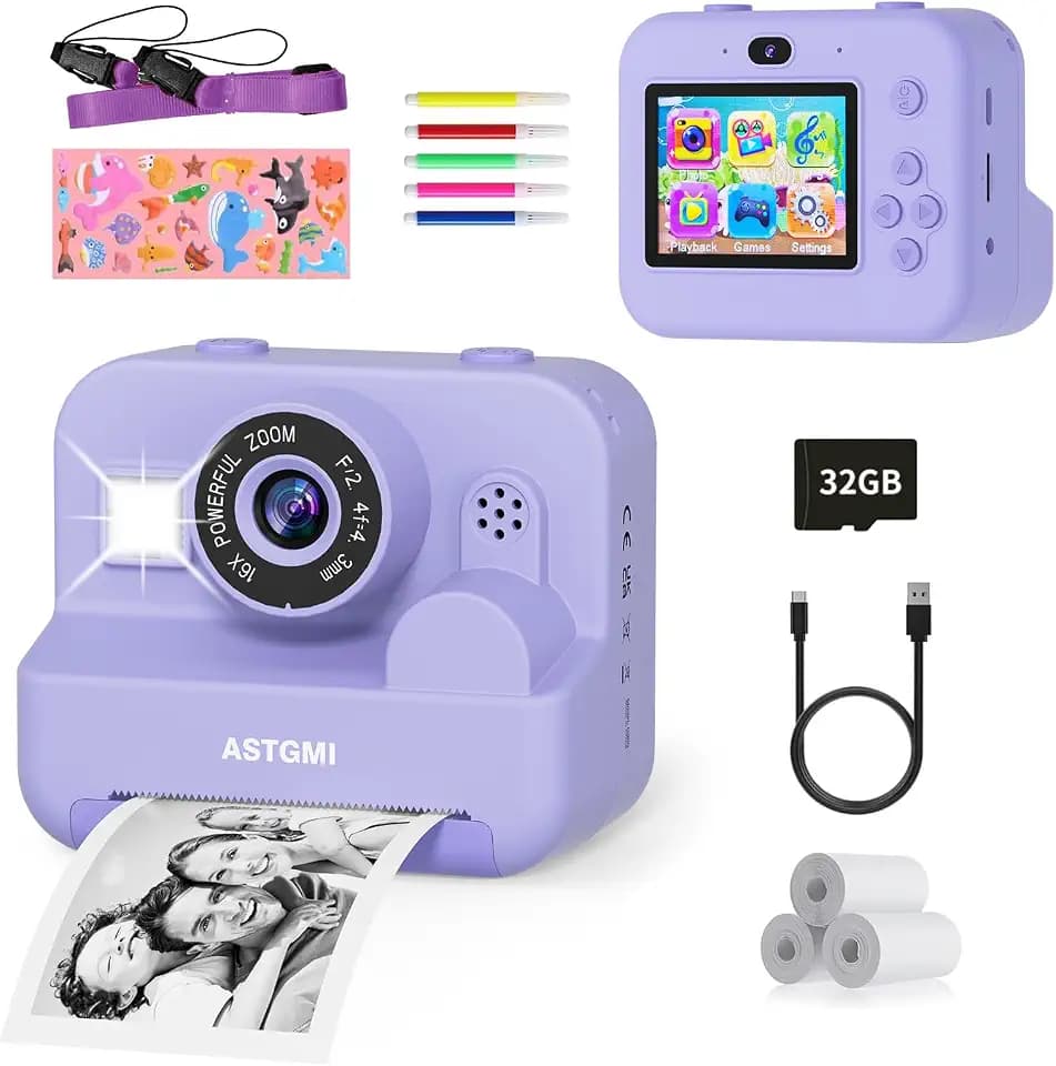 Sofortbildkamera Kinder Mit Selfie,kinderkamera 1080P HD Sofortdruck von Fotos,Geburtstagsgeschenk Weihnachten Geschenk Spielzeug ab 3 4 5 6 8 7 9 10 Jahre Mädchen Jungen (Lila)