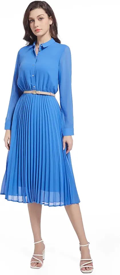 Women's Work Dress with Belt, Business Casual Midi Shirt Dresses