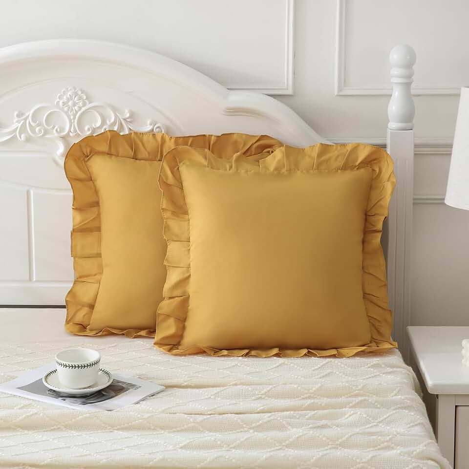 Merryword Mustard Yellow Pillowcases 18x18 Throw Pillow Covers Pack of 2 Soft Microfiber Ruffle Decorative Pillowcase Cushion for Couch Sofa Bedroom