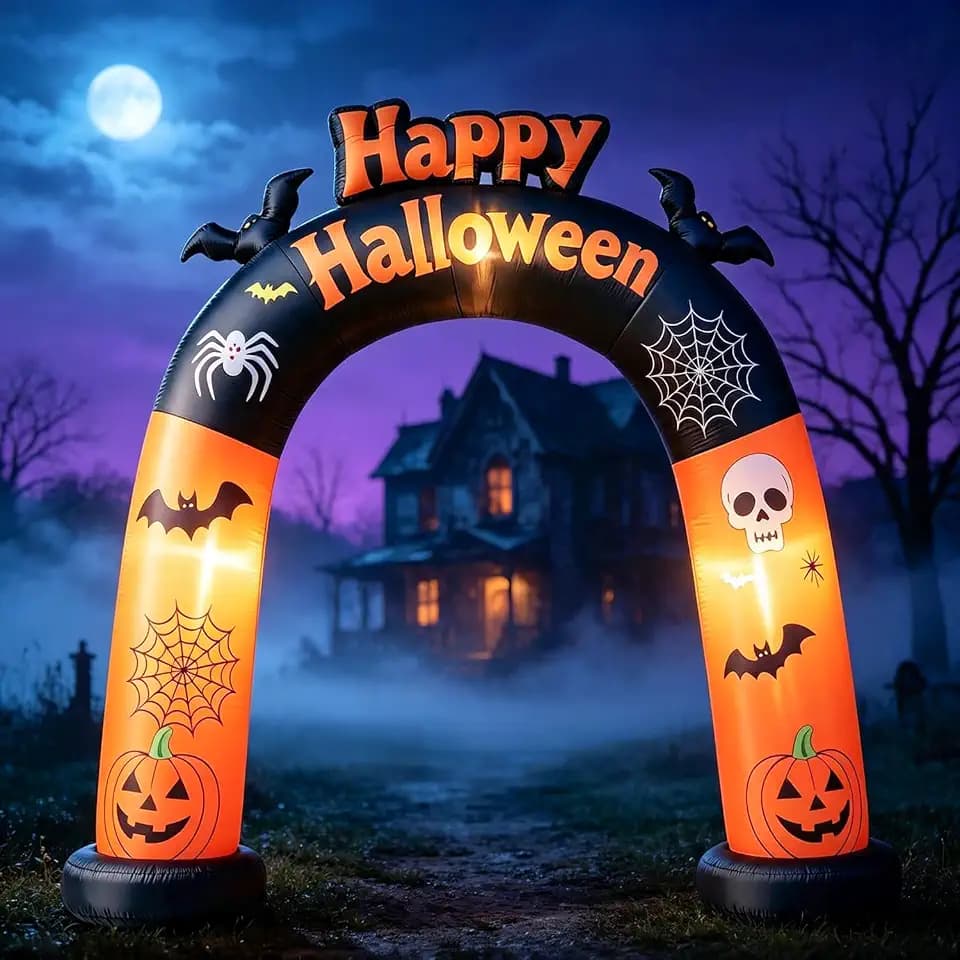 DomKom 8FT Long Halloween Inflatable Archway, Happy Halloween Blow Up Arch with Built-in LED Lights, Pumpkin, Skull, Bat Decor, Outdoor Inflatable Yard Lawn Garden Halloween Party Decorations