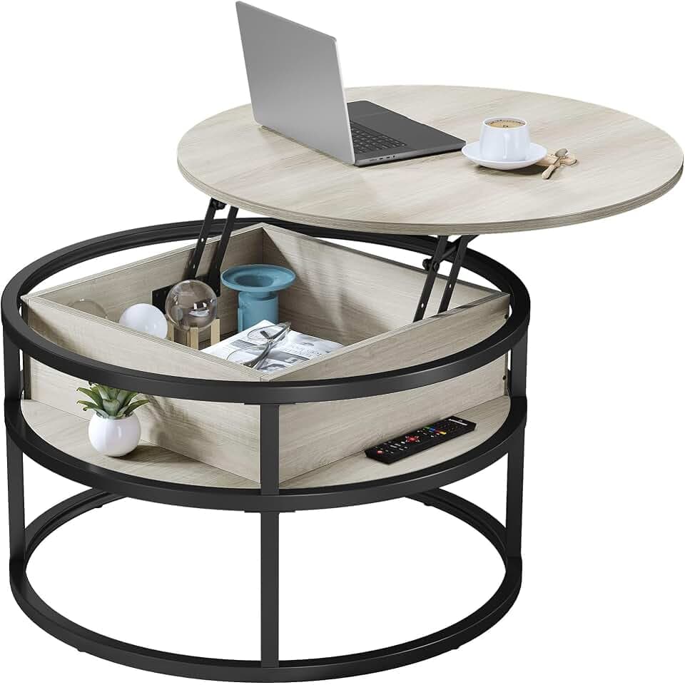 YITAHOME Couchtisch Rund mit Hebeplatte, Wohnzimmertisch mit verstecktem Ablagefach, Beistelltisch Rund mit Stauraum für Home Office, Runder Mitteltische Wohnzimmer