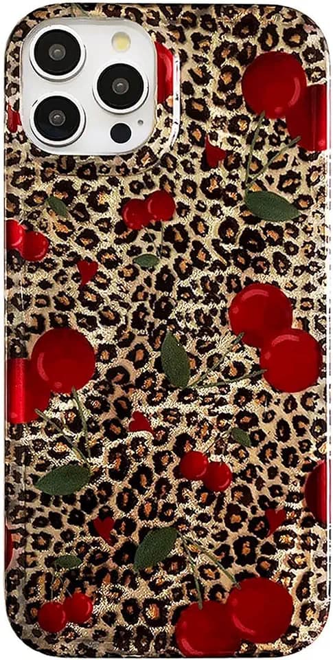 Trendy Leopard Cherry Phone Case for iPhone 16 Pro,Aesthetic Glitter Animal Fruit Cheetah Print Slim IMD Process Cove, Durable, Never Fade, 1.5mm Raised Edges Protect - Full Camera Protection