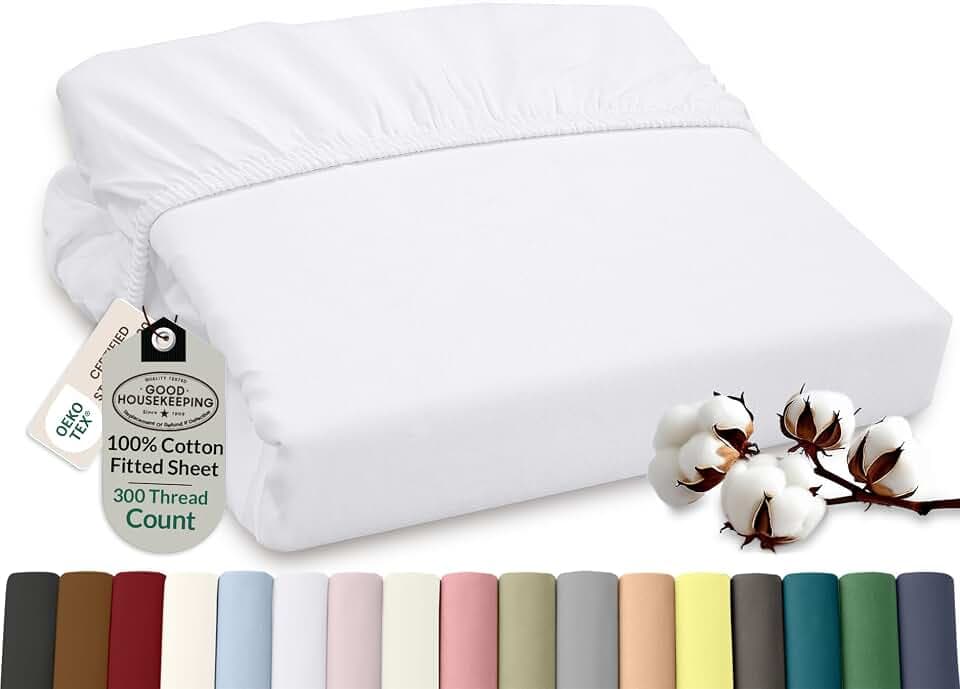 ROYALE LINENS 300 Thread Count 100% Cotton Twin XL Fitted Sheet Cotton - Super Soft All Around Deep Pocket Bottom Sheets - Fitted Sheet Only - Cooling White Fitted Sheet (Twin XL, White)