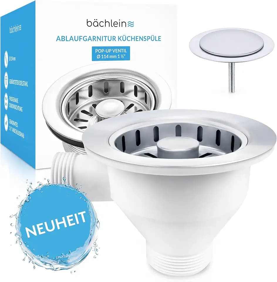Bächlein Pop-Up Ablaufgarnitur für die Küchenspüle – Ø 114 mm mit Überlauf
