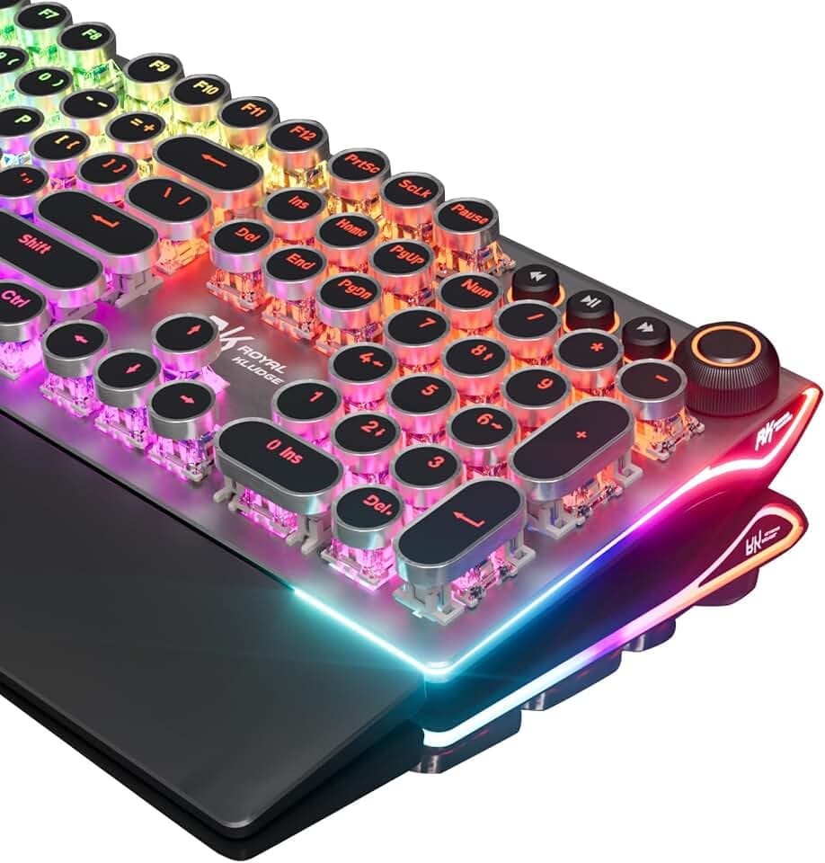 RK ROYAL KLUDGE X108 Typewriter Keyboard with Knob, Wired Mechanical Gaming Keyboard, 108 Keys RGB Backlit Sidelight, Detachable Wrist Rest, Retro Round Keycaps Blue Switches - Shadow Black