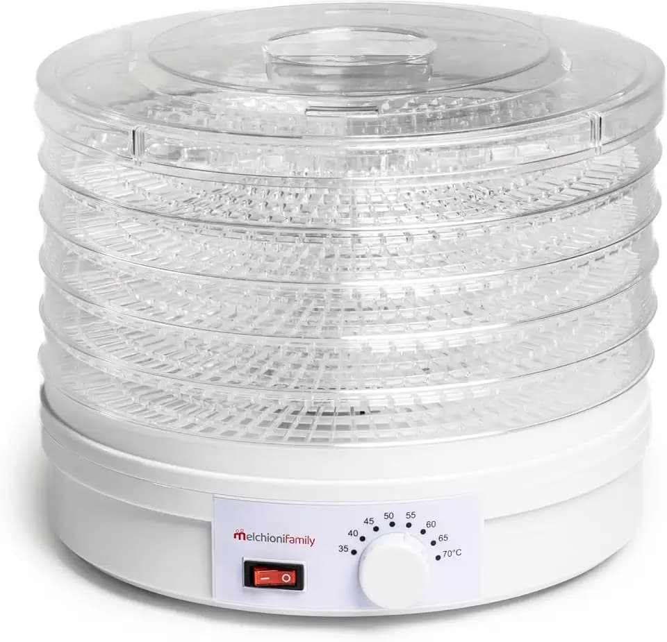 Melchioni Family Babele, Elektrischer Trockner, Mehrzweck-Lebensmitteltrockner, 5 stapelbare und herausnehmbare Regale, Leistung 250 W, einstellbare Temperatur 40-70 ° C