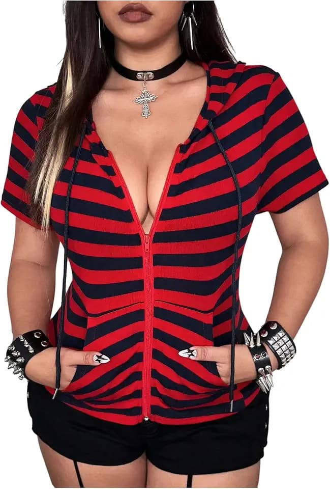 Floerns Women's Plus Size Y2k Striped Tee Zip Up Hooded Short Sleeve Fitted Punk Top