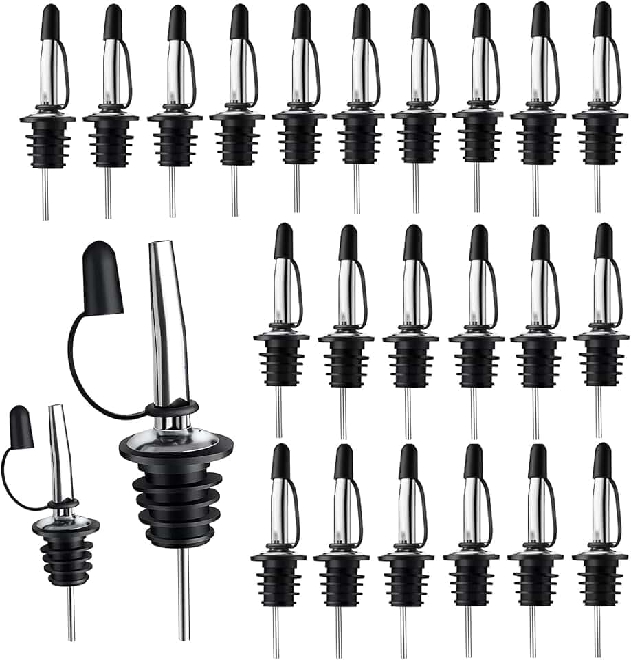 Pafusen 24 Pack Stainless Steel Speed Pourers Spouts with Tapered, Liquor Pourers with Rubber Cap, Hygienic, Dishwasher Safe, Fits most Classic Bottle's Lip up to 3/4"