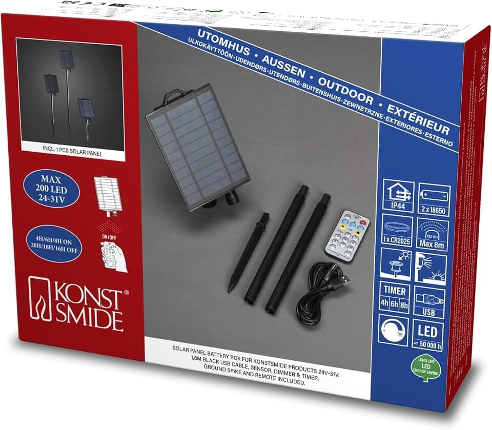 Konstsmide Solar-Batteriebox, mit Lichtsensor, Timer, Dimmer und Multifunktion, Außen, 2 x Lithium-Akku / 1 x CR2025 (inkl.) - 3776-000
