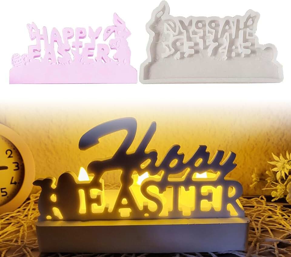 Gießformen Silikon Ostern Happy Easter Osterhasen Motivformen Wiederverwendbare Antihaft Harzformen Silikonformen Gießformen Ostern Formen für die Kerzenherstellung, Osterhasen-Gipsformen