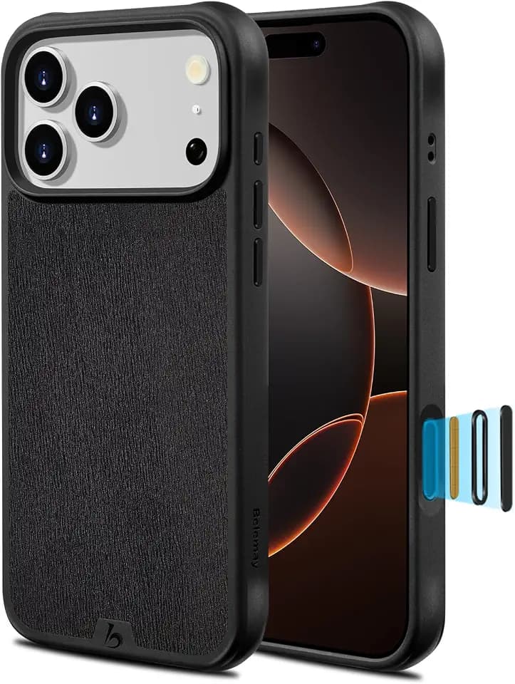Belemay Modern Leather Case for iPhone 17 Pro Max, Compatible with MagSafe Camera Control Button, Premium Textured Leather, Grippy TPU Bumper with Air-Cushioned Corners, Metal Buttons, 6.9" Black