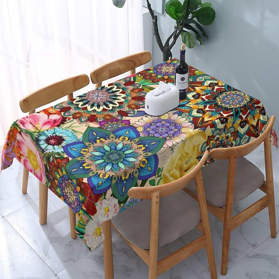 Rectangle 54x72 Boho Floral Table Cloth Colorful Flowers Tablecloth
