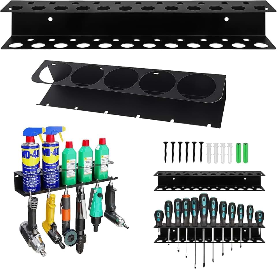 2 Stück Dosenhalter, Spraydosenhalter, An der Wand montiertes Werkzeugregal aus Metall Sprühdosenhalter, Druckluft Werkzeug Zubehör für Garage Werkstatt, Platz für 5 Sprühdosen und 6 Compressed Air