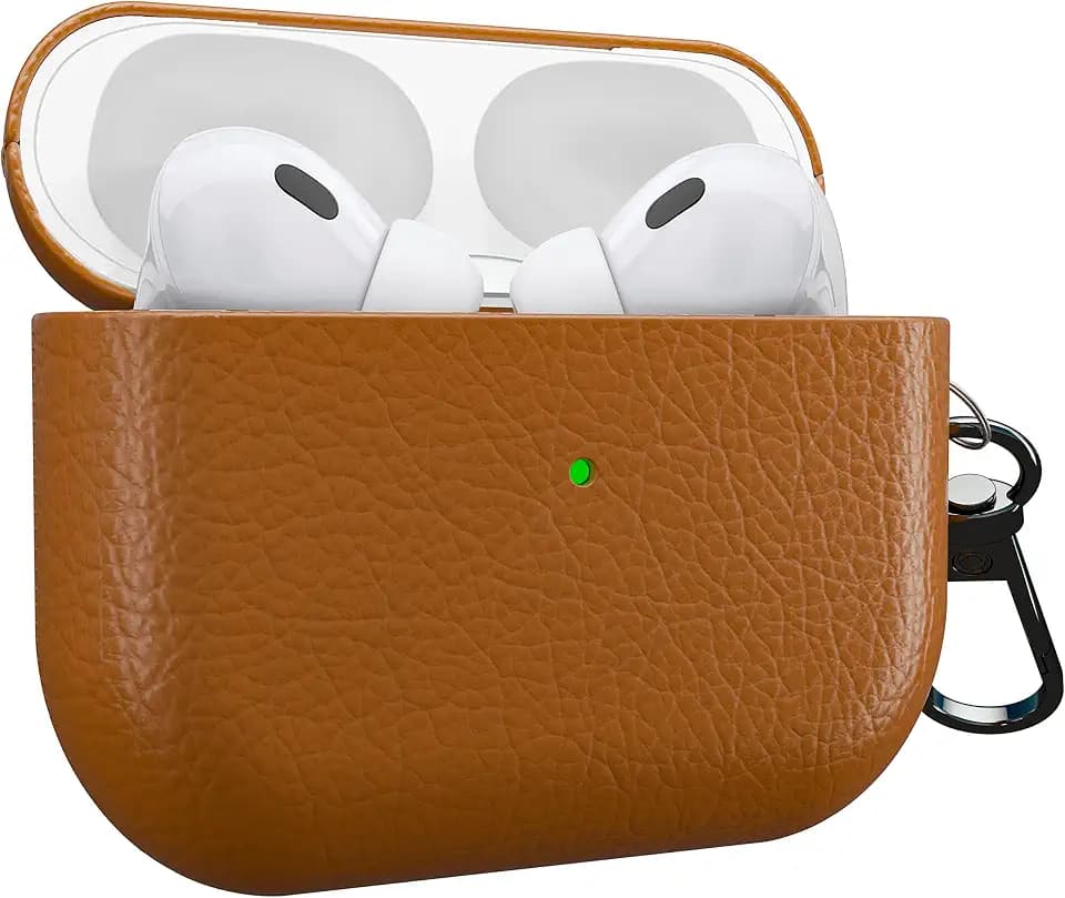 MyGadget Kunstleder Hülle kompatibel mit Apple Airpods Pro 2. Generation (2022) - Case [Qi kompatibel] - robuster & stoßfester Bumper mit Karabiner in Dunkel Braun