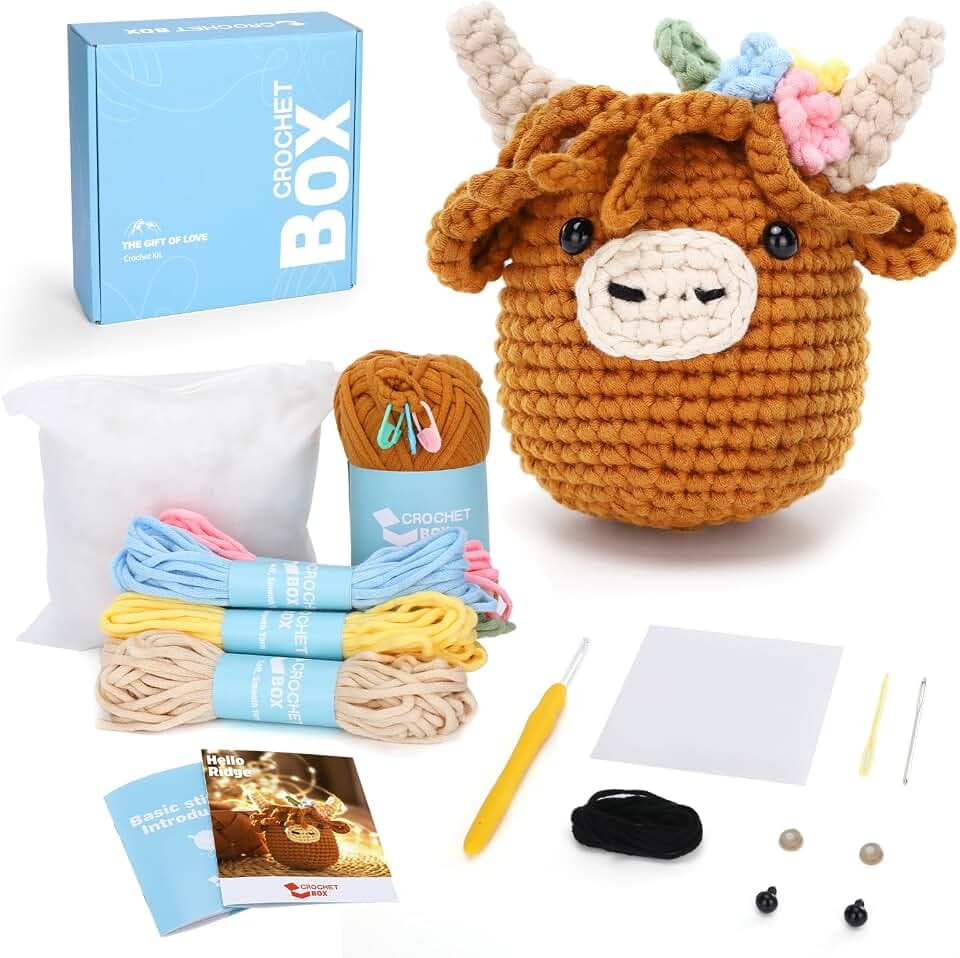 CrochetBox Brown Highland Cow Crochet Kit for Beginners, Craft for Adults