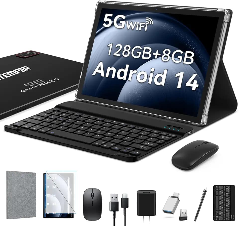 Android 14 Tablet 10 Zoll, 2025 Newest Tablet PC mit 5G WiFi | 8GB RAM+128GB ROM (TF1 TB) | Octa-Core | 1280*800 | GMS丨7000mAh丨13MP+8MP丨BT 5.0 | Face ID丨Tablets mit Tastatur Maus Stift Hülle, Schwarz