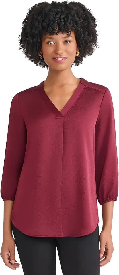Jones New York Women's 3/4 Puff Sleeve V-Neck Satin Top