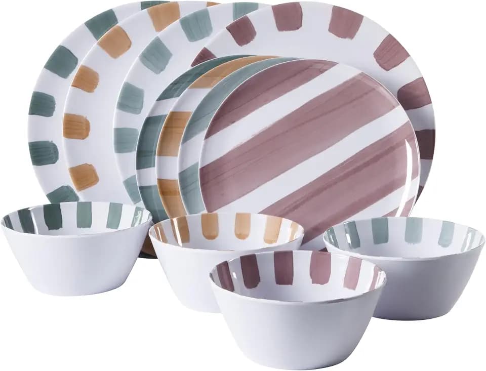 Gibson Home Cottage Stripes 12-Piece Melamine Plates and Bowls Dinnerware Set - Outdoor, Camping, & Everyday Use - Assorted Colors