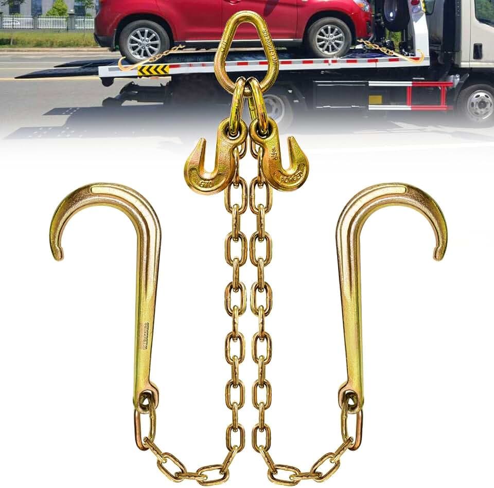 G80 V Bridle Chain 5/16" × 2Ft Tow Chains with 15" G70 J Hook and Grab Hooks Heavy Duty Trailer Transport Tow Chain Bridle with 5400 Lbs Working Load Limit Car Trailer Accessories for Flatbed