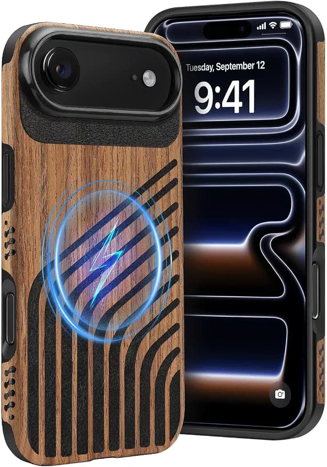 Magnetic Case Compatible with iPhone 17 Air Case (Compatible with Magsafe), (Natural Wood & Leather & Carbon Fiber Hybrid) Rugged Slim Phone Cover, Chord