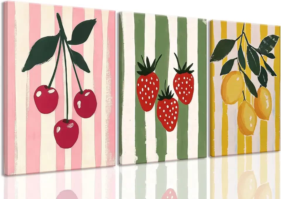 LHHJDIO 3 Piece Trendy Fruit Canvas Wall Art Vintage Kitchen Wall Art Colorful Cherry Strawberry Lemon Pictures Wall Decor Fruit Abstract Art Print for Kitchen Dining Room Bedroom 16"x24"