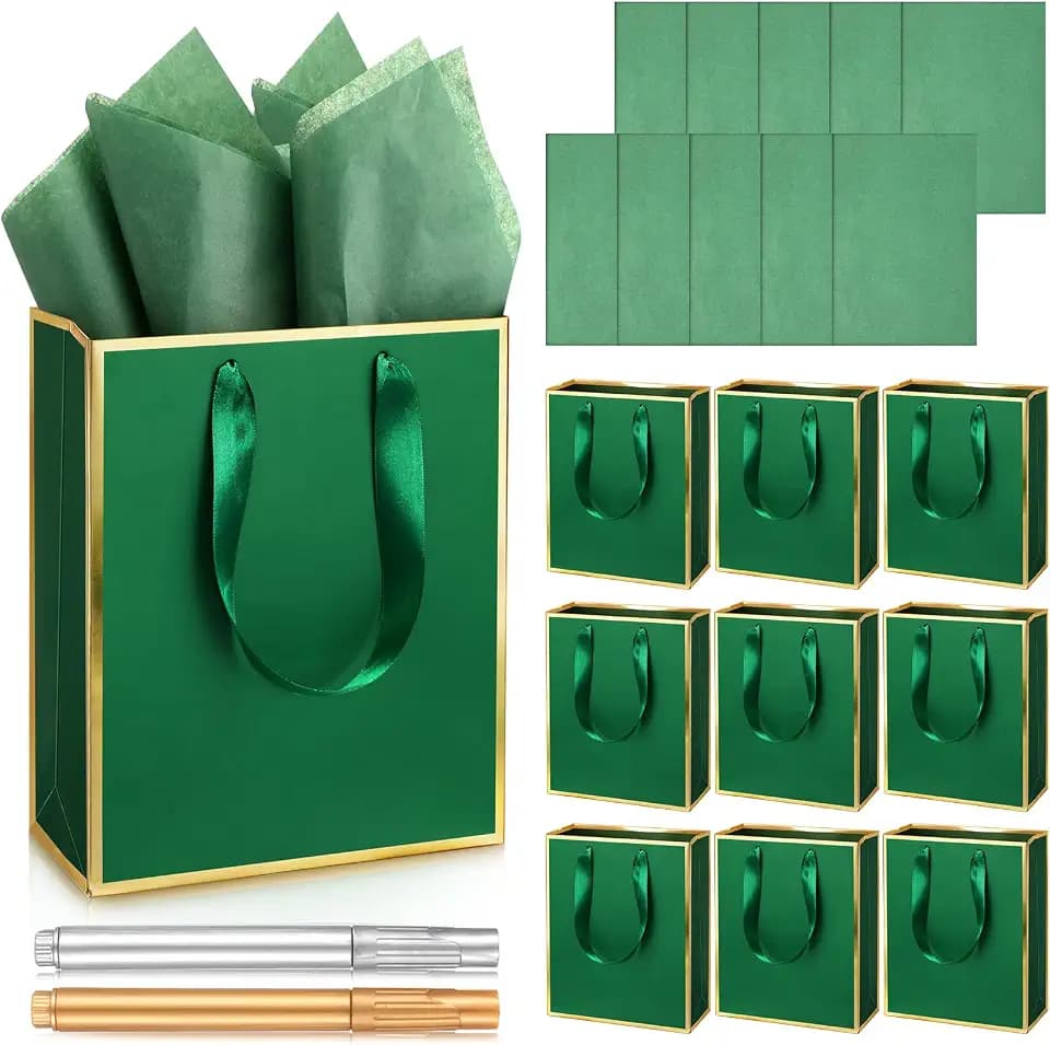 Yeaqee 10 Pack Paper Gift Bags with Handle Tissue Paper, Green, Gold