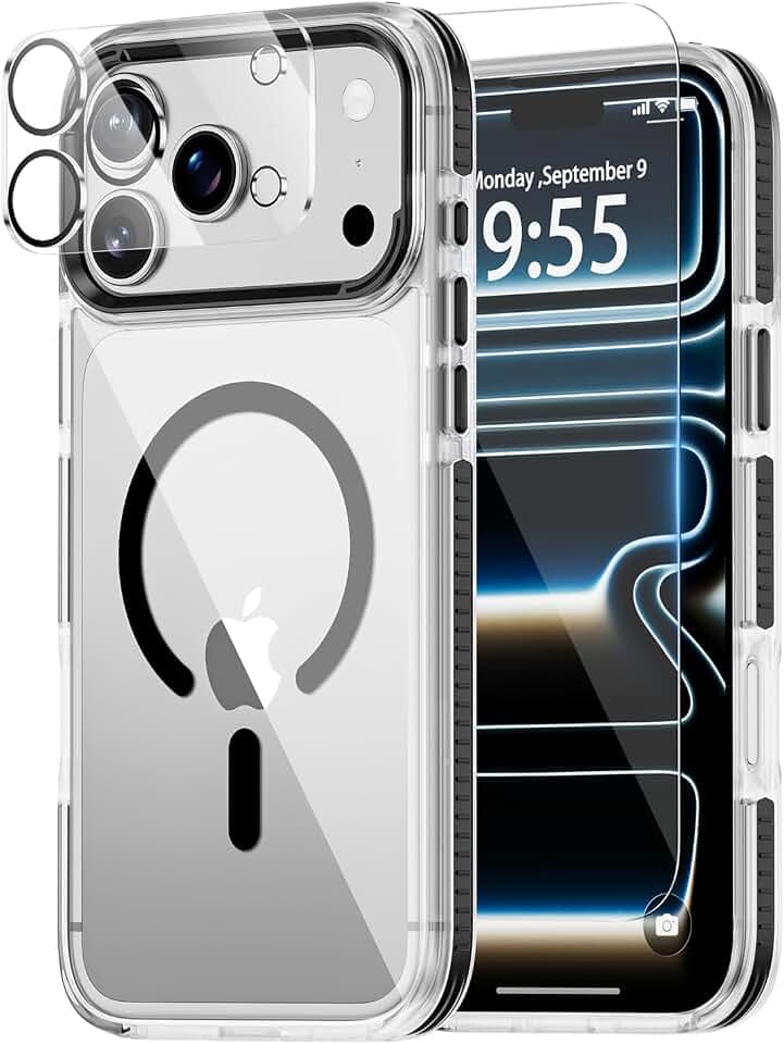 for iPhone 17 Pro Max Case,Compatible with Magsafe,Anti-Slip Shockproof Bumper,Military Grade Drop,Full Protection Includes Screen & Lens Protectors, Magnetic Black Clear Slim Phone Cover