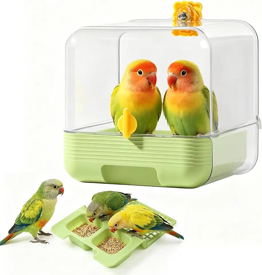 No Mess Bird Feeder,Hanging Bird Bath Cube,Cage Accessory Multifunctional Bird Food Container Bathing Tubsm for Small Bird Parrot Lovebird(Green,CE)