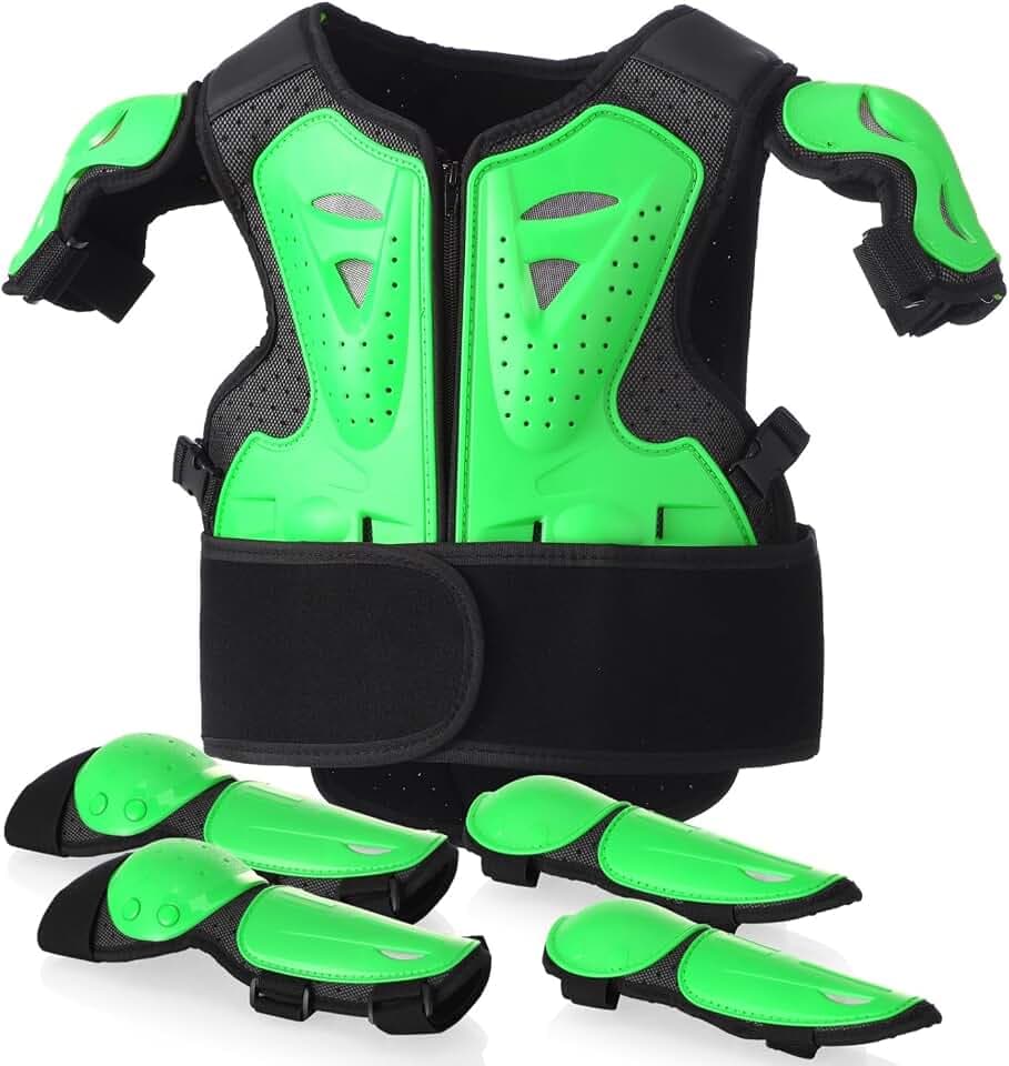Jugend Schutzset mit brustpanzer Kinder und rückenprotektor Kinder, verstellbare Motorradjacke mit MTB Protektoren sowie Ellbogen- & Knieschützern für Radfahren, Skaten und Scooter