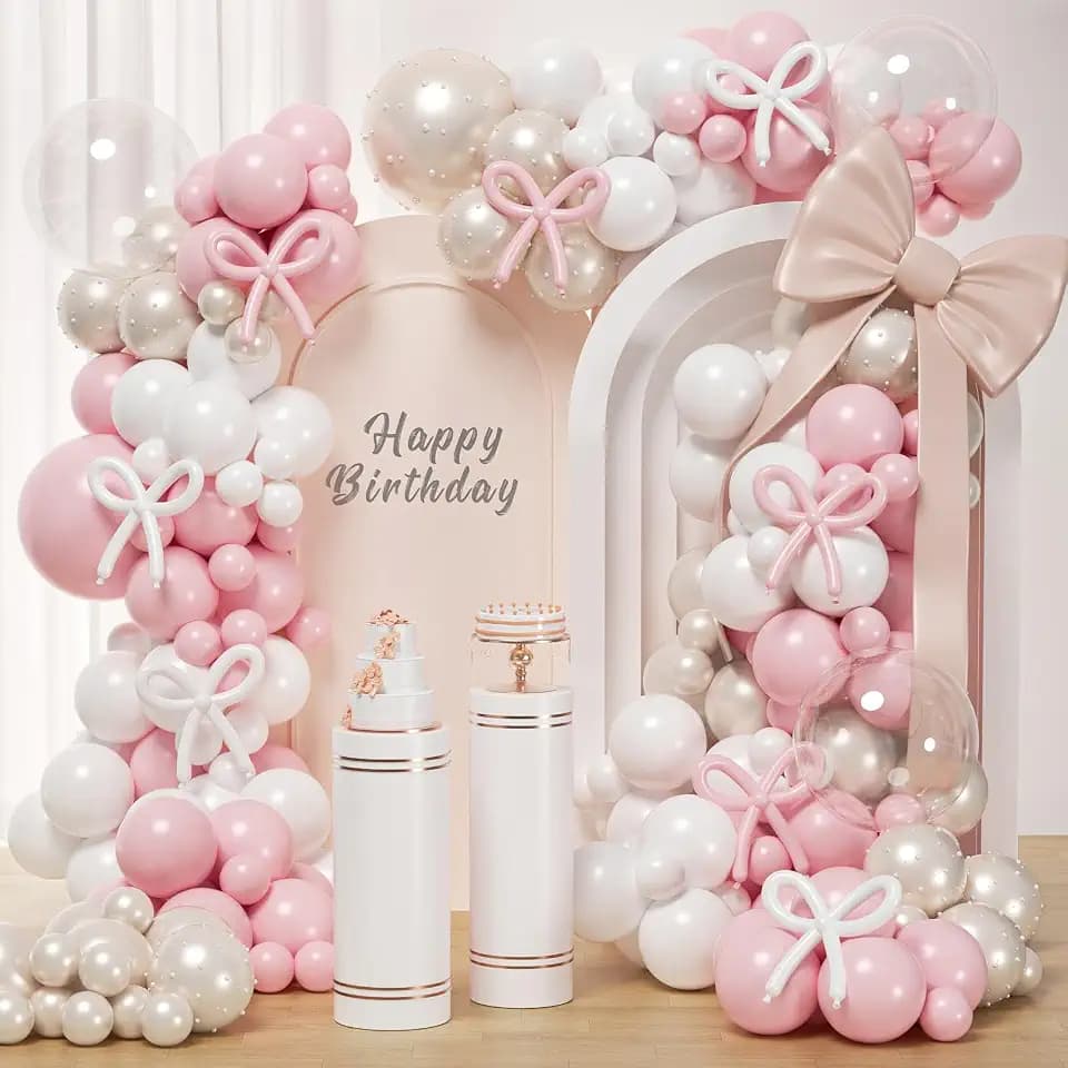 Pink Bow Balloons Arch Kit with Pearl Stickers Double Stuffed Pearl White Sand 147pcs Pink and White balloon Garland for Girls Baby Shower Coquette Birthday Party Decorations