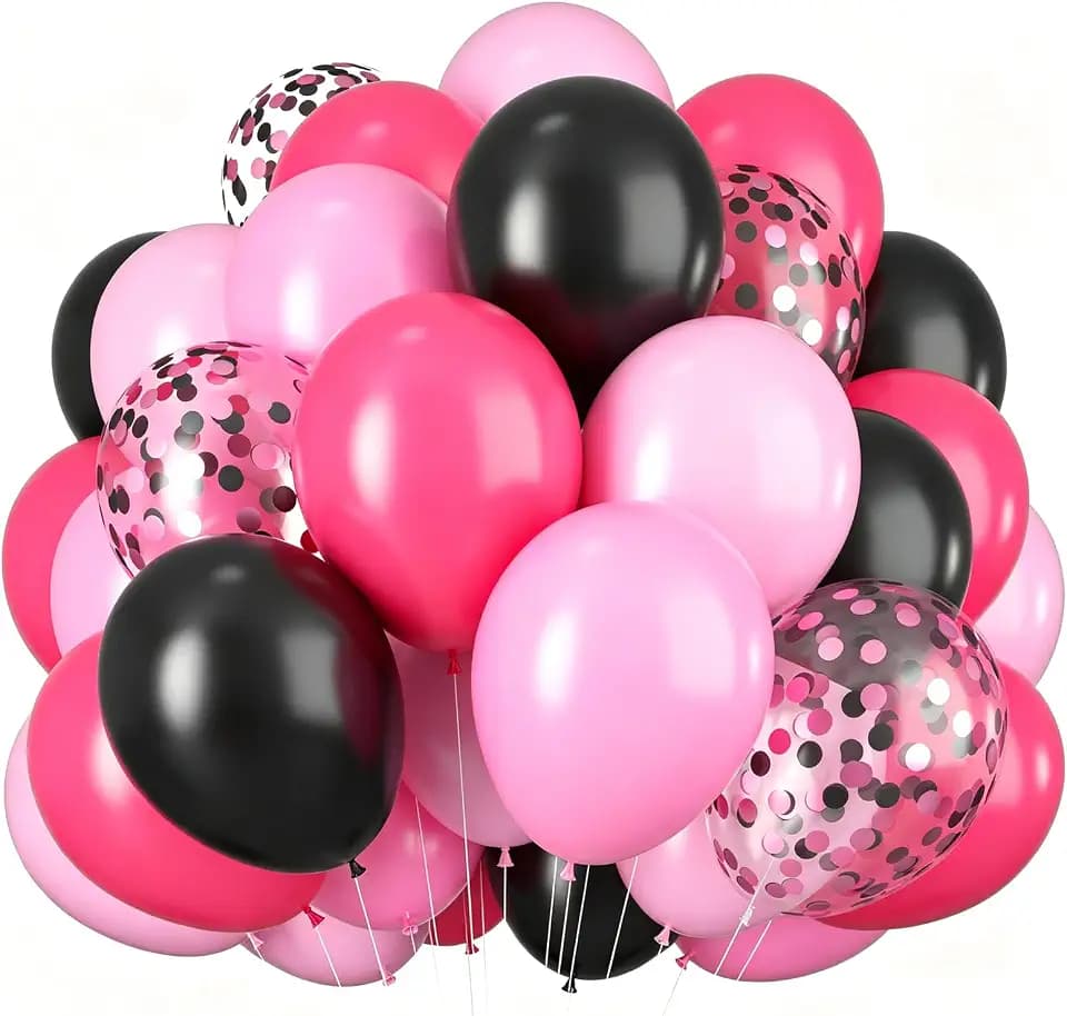 Pink and Black Balloons, 12 Inch Hot Pink Black Balloons Set with Black Pink Confetti Balloons, Pastel Pink Light Pink Black Balloons for Girl Birthday Party Wedding Decorations