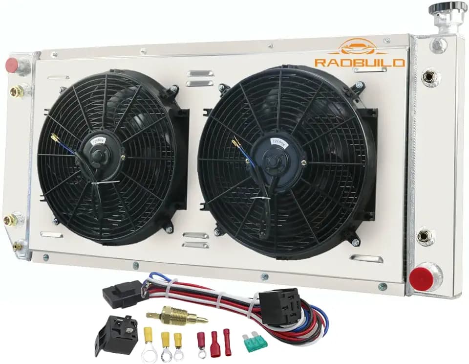 CU1520 4 Row Aluminum Radiator for 1988-2000 Chevy GMC C/K 1500 2500 3500 for 95-99 Chevy Tahoe for 88-94 Chevy Blazer for 92-99 GMC Yukon Radiators Shroud 2x14" Fans Thermostat Relay Kit