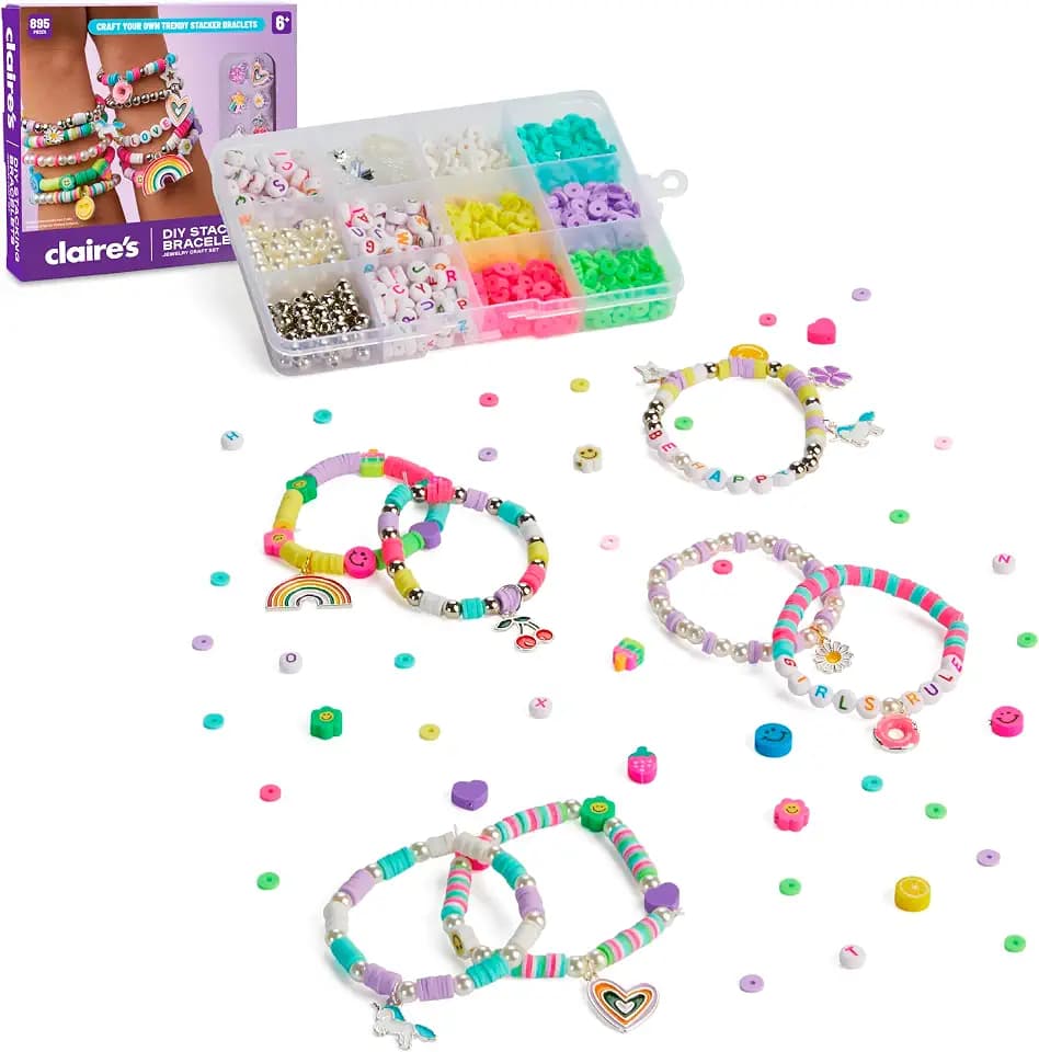 Claire’s DIY Bracelet Kit – 895-Piece Jewelry Making Supplies Set| Clay Heishi Beads, Alphabet, Charms, String| Friendship Bracelet Kit for Girls| Arts & Crafts Activity| Fashion Accessory Gift Age 8+