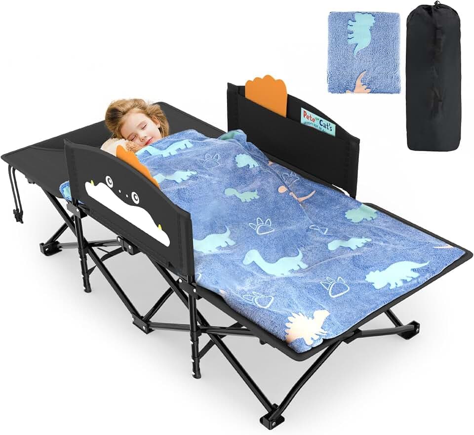 Slendor Toddler Cot w/Cartoon Handrail & Blanket, Kids Folding Travel Bed