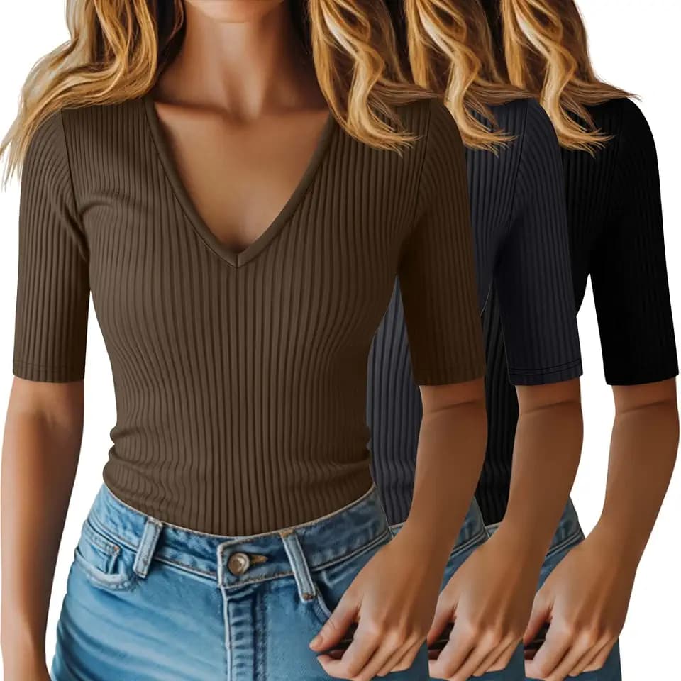 Riyiper 3 Pack Womens Half Sleeve V Neck Ribbed Tops