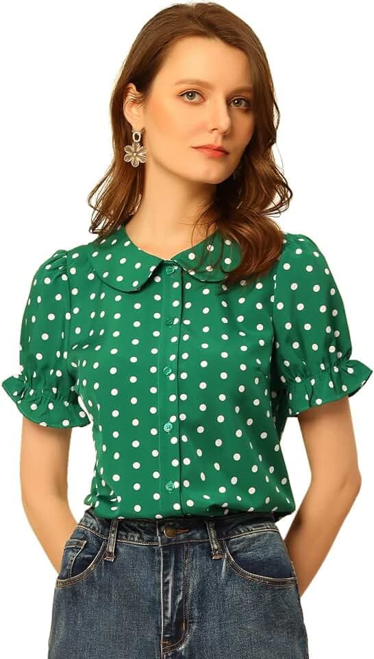 Allegra K Damen Kurzarm Rundhals Puppenkragen Vintage Punkte Puffärmel Shirt Top Bluse