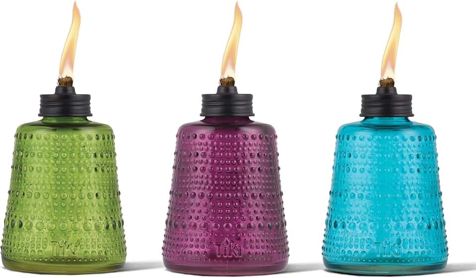 TIKI Carnival Glass Tabletop Torches, 3-Pack – Decorative Outdoor Tabletop TIKI Torches for Patio, Backyard & Garden – Portable Glass Flame Torches for Outdoor Lighting, Blue, Green & Purple, 6-Inch