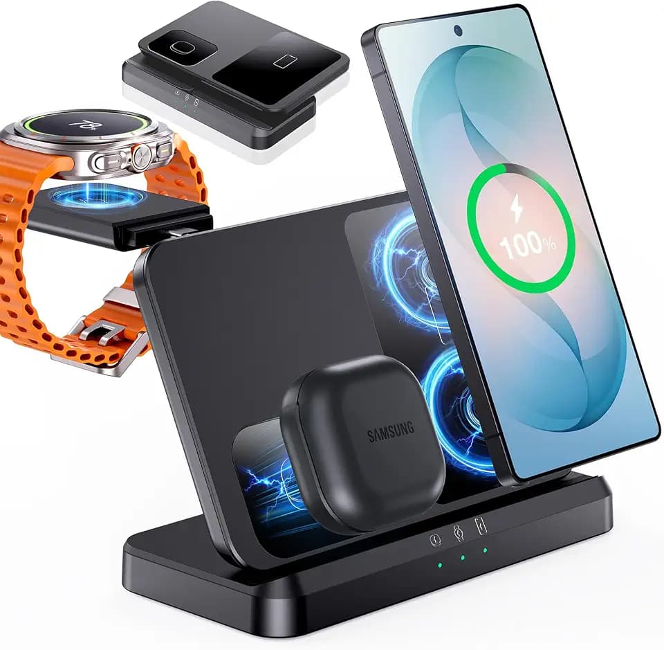EGV Induktive Ladestation für Samsung – 3-in-1 Wireless Charger kompatibel mit Galaxy S26 Ultra/S25/S24, Z Fold/Flip 7/6, Buds, Abnehmbares Ladegerät für Galaxy Watch Ultra/8/7, Kein Adapter